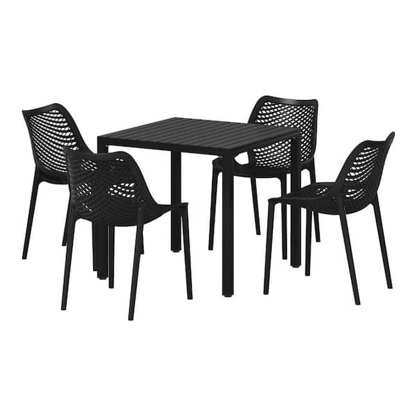Frond and Form Outdoor Patio Modern 5-Piece Dining Set w/ Square Metal Frame Table and Stackable Plastic Chairs, Black