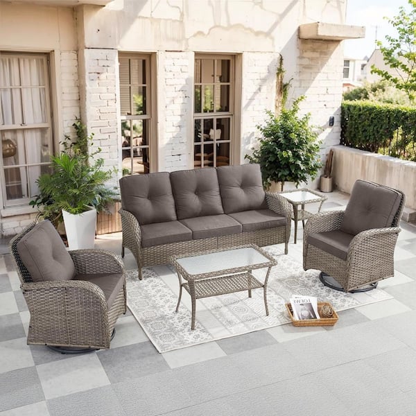 SleekArm 5-Piece Gray Wicker Patio Conversation Set with Olefin Gray Cushion and Outdoor Swivel Glider Chairs