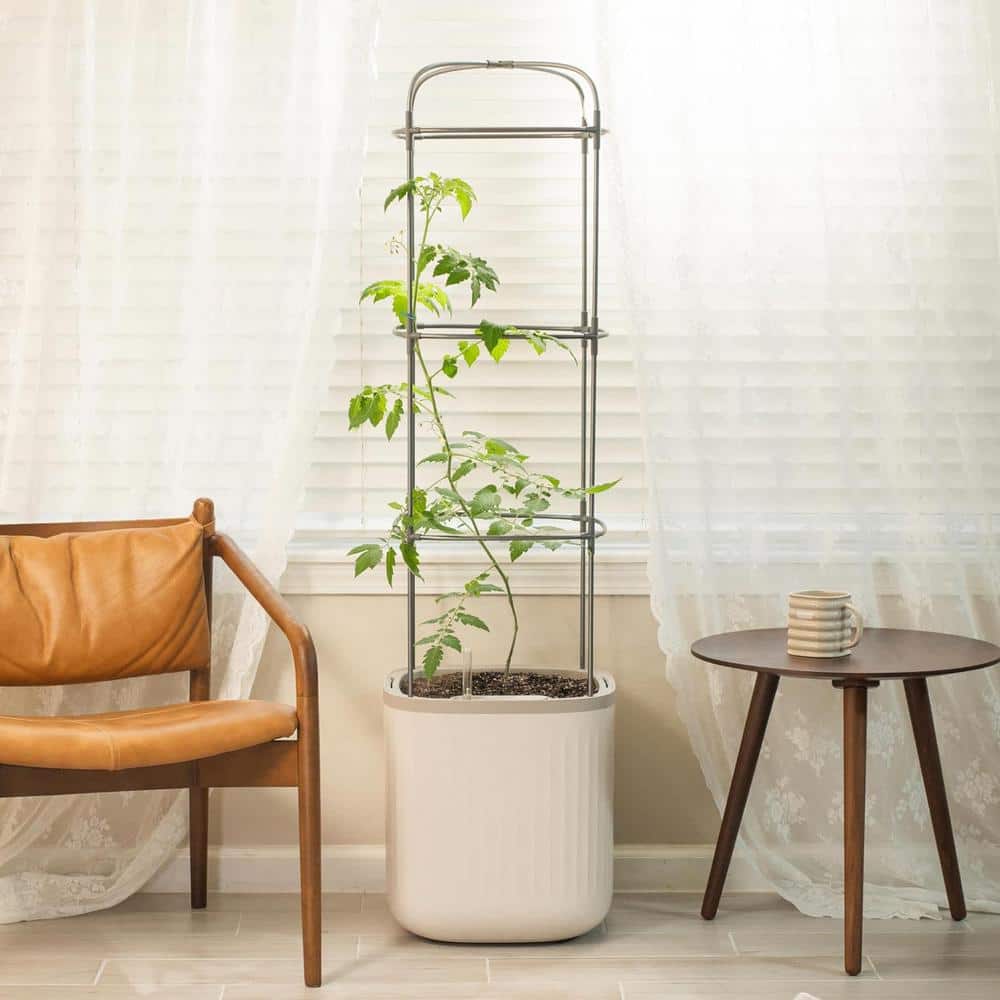 Cream White Self-Watering Indoor Outdoor Planter with Trellis