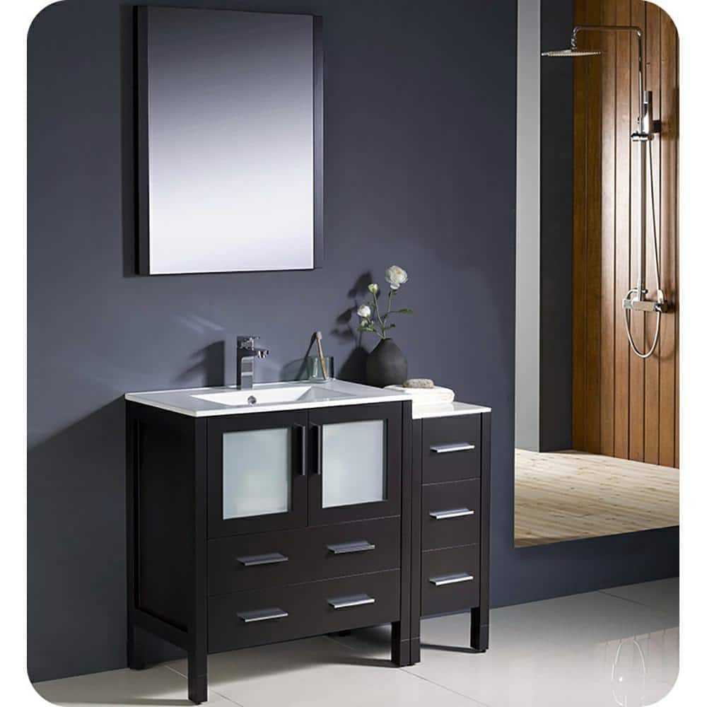 Espresso Engineered Wood 42" Freestanding Vanity Base with Frosted Glass Doors