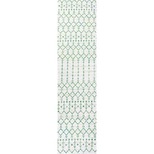 Ourika Moroccan Geometric Textured Weave Green/Ivory 2 ft. x 10 ft. Indoor/Outdoor Runner Rug