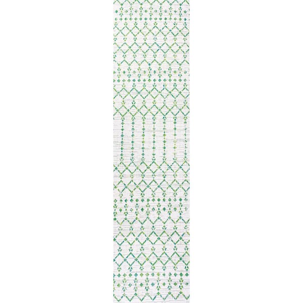 Ourika Moroccan Geometric Textured Weave Green/Ivory 2 ft. x 10 ft. Indoor/Outdoor Runner Rug