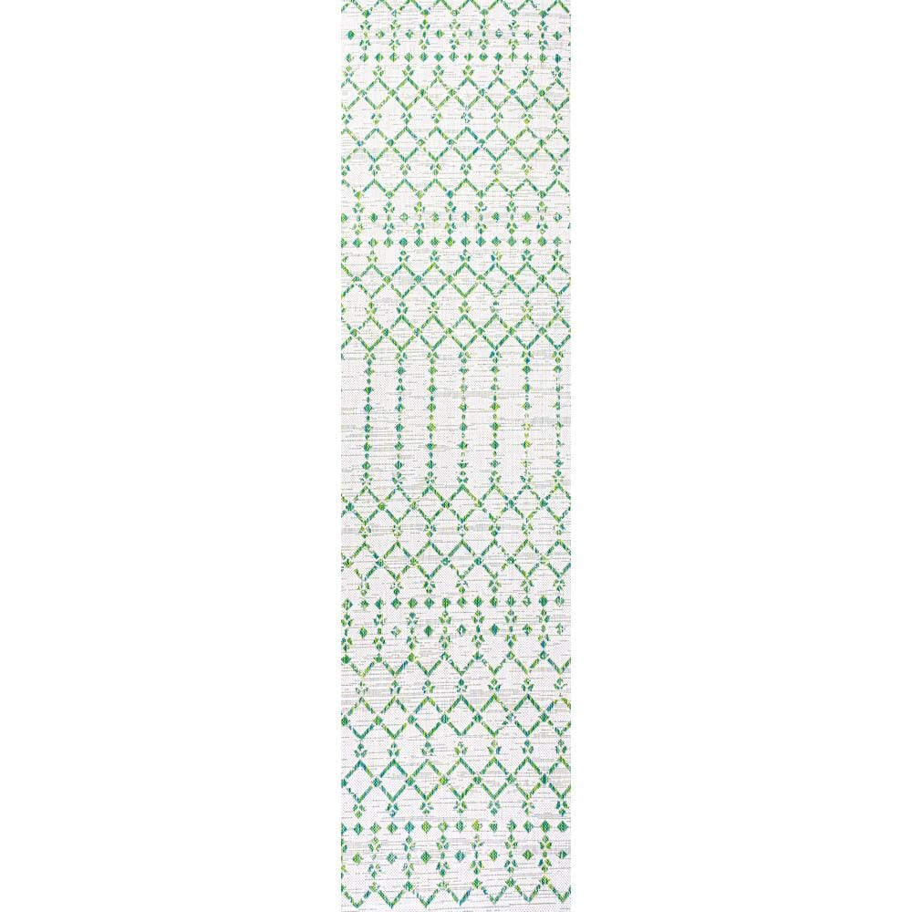 Green and Ivory Geometric Flat Woven Runner Rug
