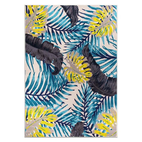 Contemporary Tropical Blue 5 ft. x 7 ft. Floral Leaves Non Slip Area Rug