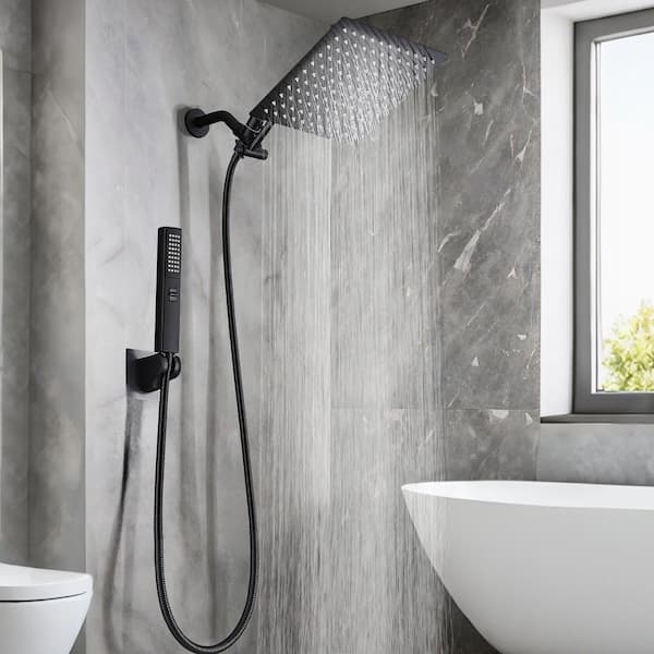 3-Spray Settings Wall Mount Handheld Shower Head 2.5 GPM 10 in. with 11 in. Brass Adjustable Extension Arm in Black