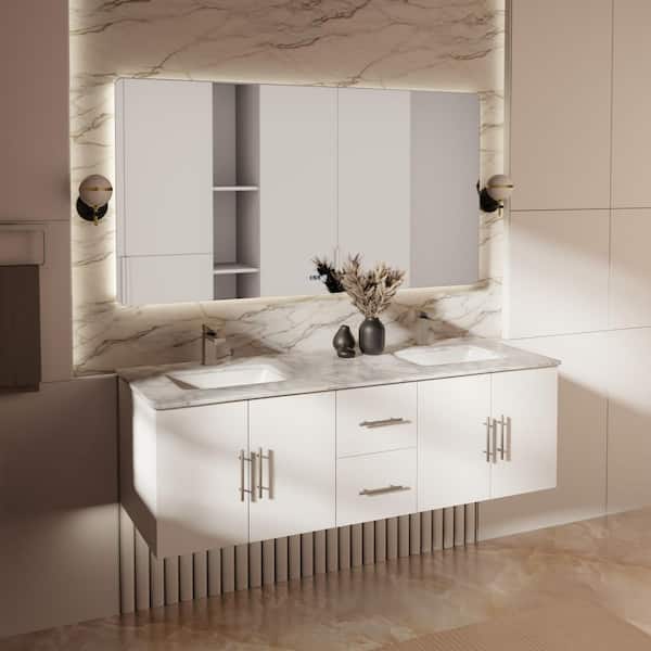 Geneva 60 in. W x 22 in. D Glossy White Double Bath Vanity, Carrara Marble Top, Faucet Set and 60 in. LED Mirror