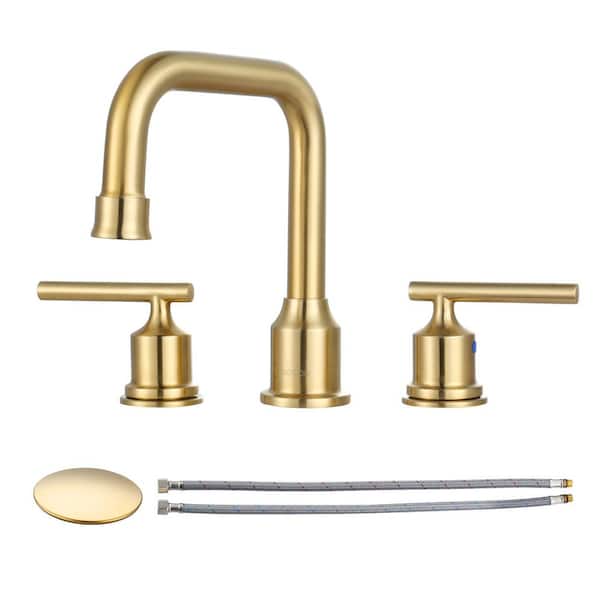 WOWOW 8 in. Widespread Double Handle Bathroom Faucet with Drain Kit in Gold