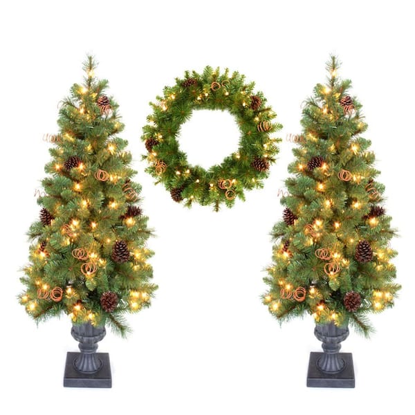 Home Accents Holiday Double 4 ft. Pot Tree Artificial Christmas Tree and 24 in. Wreath with Clear Lights, Pinecones