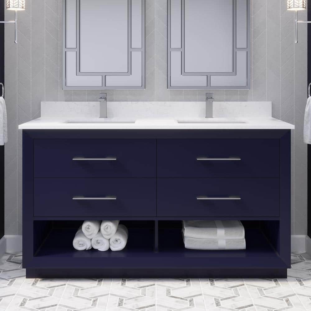 Rio II 60 in. W x 22 in. D Bath Vanity in Blue ENGRD Stone Vanity Top in Wh