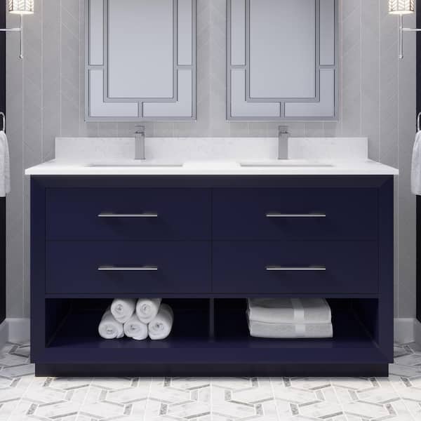 ART BATHE Rio II 60 in. W x 22 in. D Bath Vanity in Blue ENGRD Stone Vanity Top in White with White Basin Power Bar and Organizer