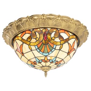 20.47 in. 36-Watt Gold European LED Flush Mount Ceiling Light with Stained Glass Shade
