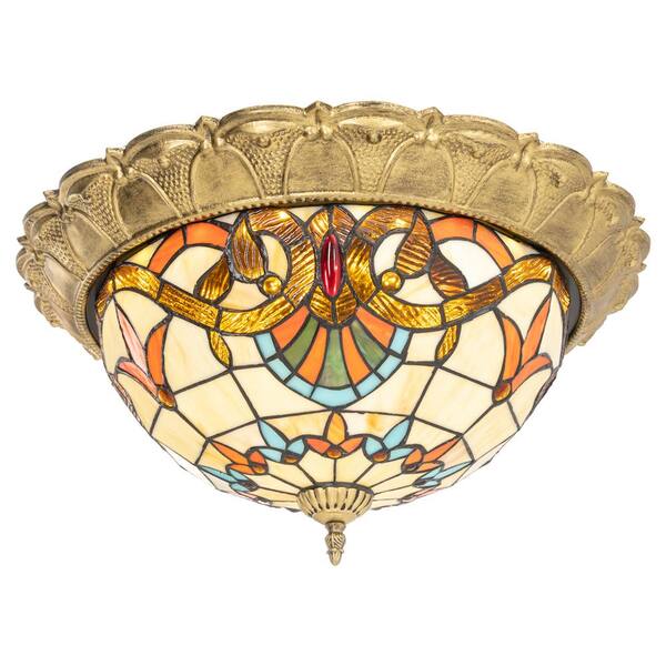 OUKANING 20.47 in. 36-Watt Gold European LED Flush Mount Ceiling Light with Stained Glass Shade