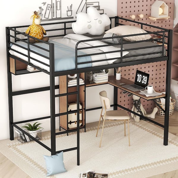 Black and Brown Full Metal & Wood Loft Bed with Desk and Shelves