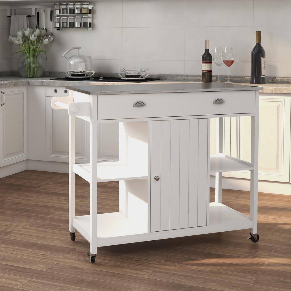 tunuo White Rolling Stainless Steel 43.3 in. Kitchen Island with Drawer