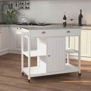 White Rolling Stainless Steel 43.3 in. Kitchen Island with Drawer