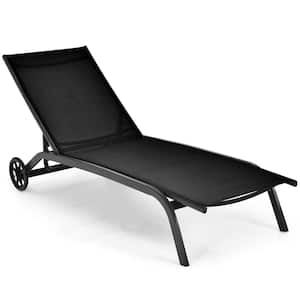 Metal Outdoor Chaise Lounge Patio Adjustable 6 Position Recliner with Wheels Black