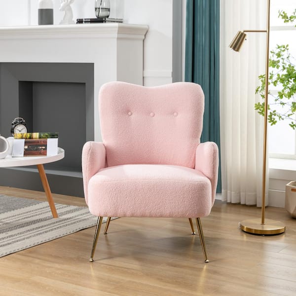 Unbranded Pink Soft Teddy Upholstered Three-tufted Buttons Back Arm Chair Ergonomic Design Metal Frame and Legs