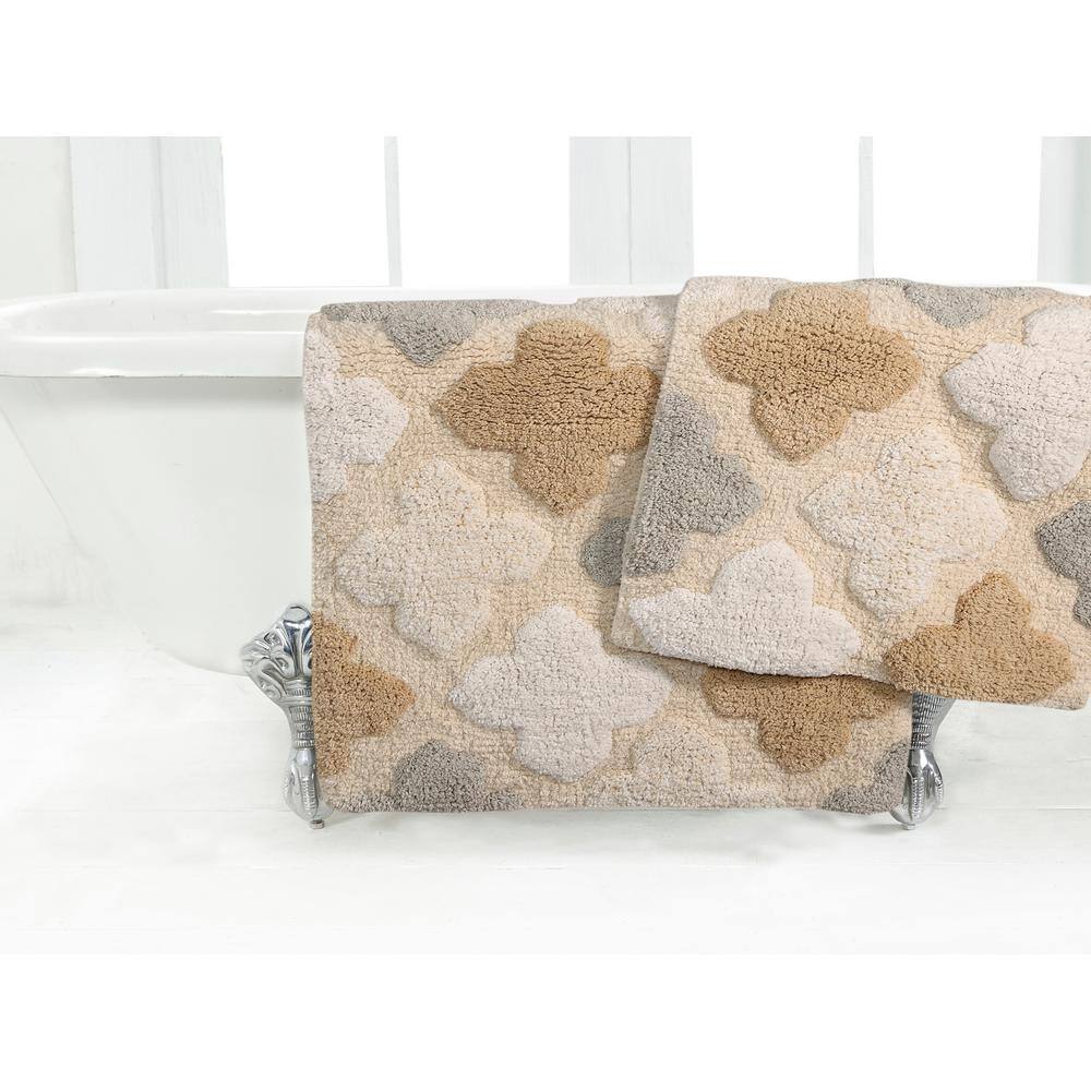 Spa Beige and Gray Cotton Moroccan Tile Bath Rug Set