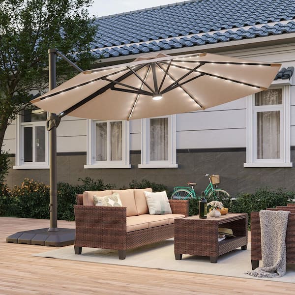 11 ft. Solar LED Round Aluminum Cantilever Outdoor Umbrellas with Base Stand in Sand