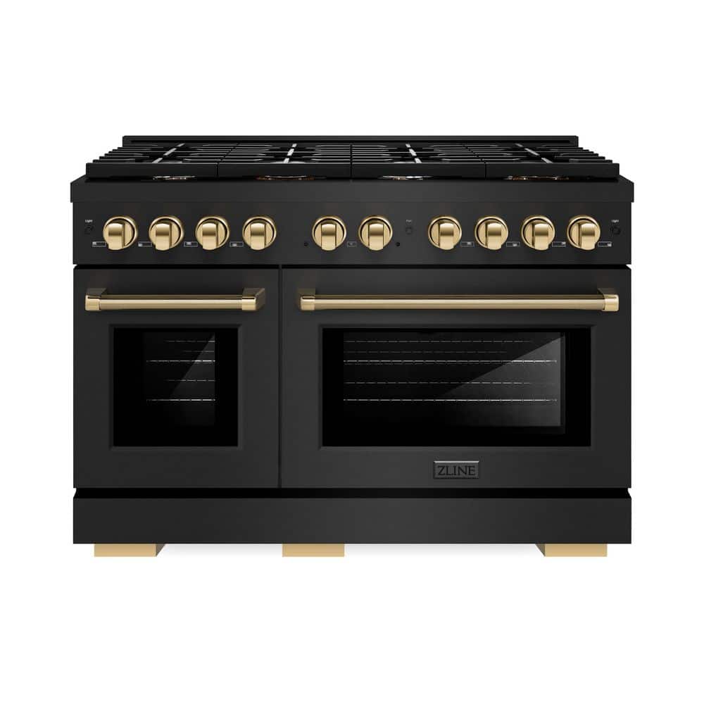 ZLINE Kitchen and Bath Autograph 48 in. Paramount Gas Range with 8 Burners and Convection Gas Oven in Black Steel with Gold Helix Handle