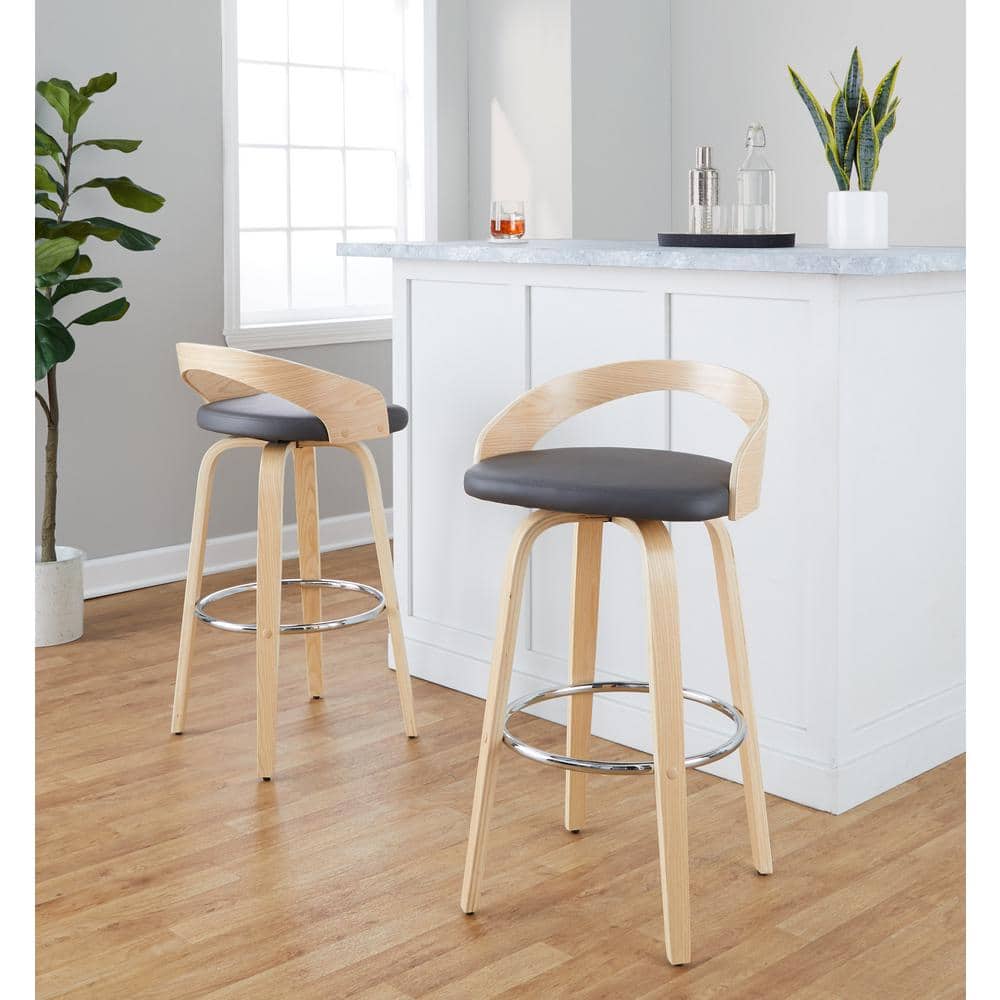 Grotto 29.5 in. Grey Faux Leather, Natural Wood and Chrome Metal Fixed-Height Bar Stool (Set of 2) price history on PriceWatchPro