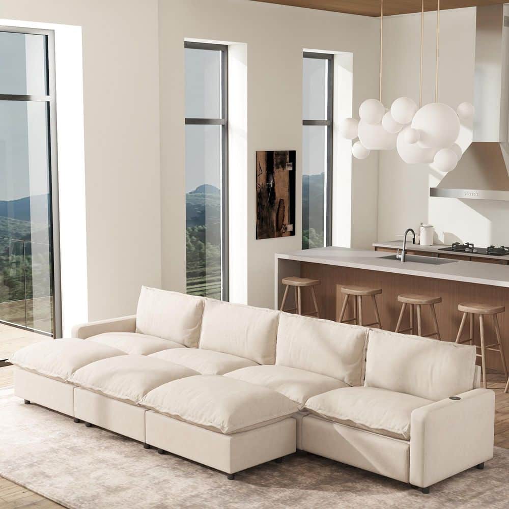 148.82 in. Square Arm 7-piece Linen Modular Oversized Sectional Sofa with Ottmoman, Removeble Cushion &Cover in Beige