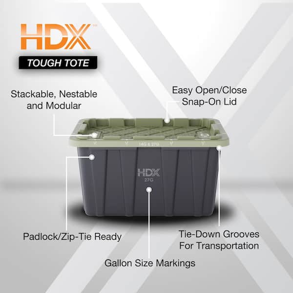 27 gal. Black Tough Tote with Army Green Lid-4 Pack