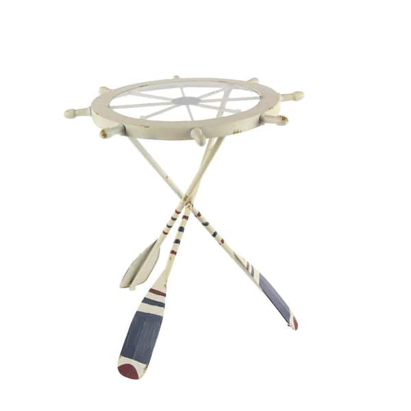 Litton Lane 23 in. White Ship Wheel Top Large Round Glass End Accent Table with Oar Shaped Legs