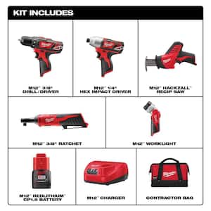 M12 12V Lithium-Ion Cordless Combo Kit (5-Tool) with Two 1.5 Ah Batteries, Charger and Tool Bag