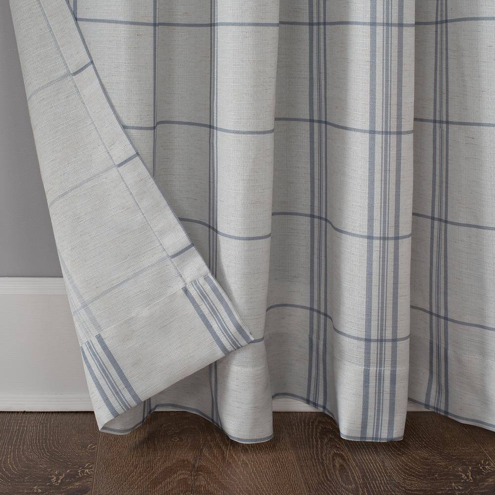 Blue Plaid Linen Blend Light-Filtering Rod Pocket Curtain Panel 54" x 84"