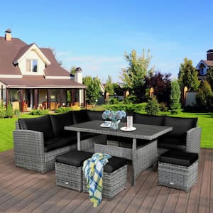 7-Piece Wicker Patio Conversation Set Outdoor Sectional Sofa Set with Black Cushions and Dining Table