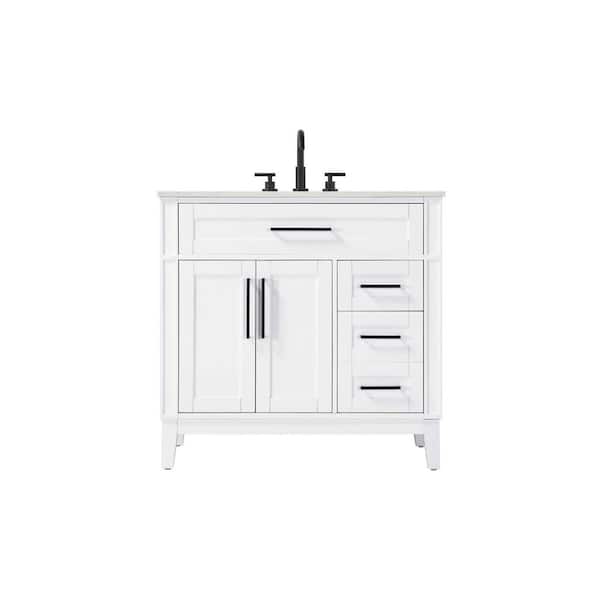 36 in. Single Sink Freestanding White Bath Vanity with Marble White Engineered Marble Top