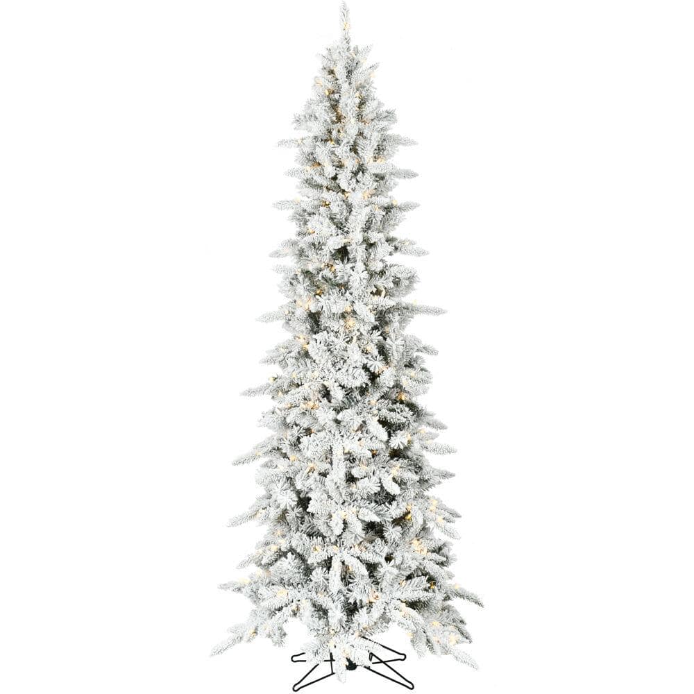 7.5 ft. Pre-Lit Flocked Slim Mountain Pine Artificial Christmas Tree with W