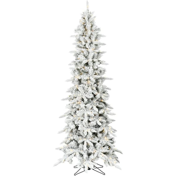 Fraser Hill Farm 7.5 ft. Pre-Lit Flocked Slim Mountain Pine Artificial Christmas Tree with Warm White LED Lights