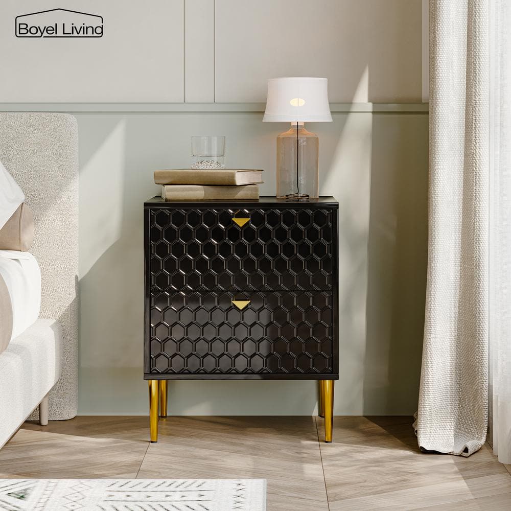 Hexagonal Pattern 2-Drawer Black High Gloss Nightstand Accent Cabinet with 