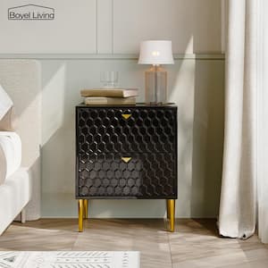 Hexagonal Pattern 2-Drawer Black High Gloss Nightstand Accent Cabinet with Golden Stands