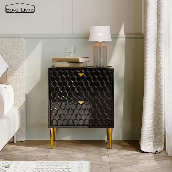 Boyel Living Hexagonal Pattern 2-Drawer Black High Gloss Nightstand Accent Cabinet with Golden Stands