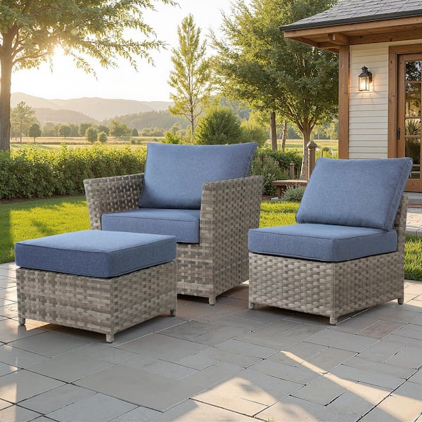 Cinnamon 3 Pieces Wicker Patio Conversation Seating Sofa Set with Denim Blue Cushions