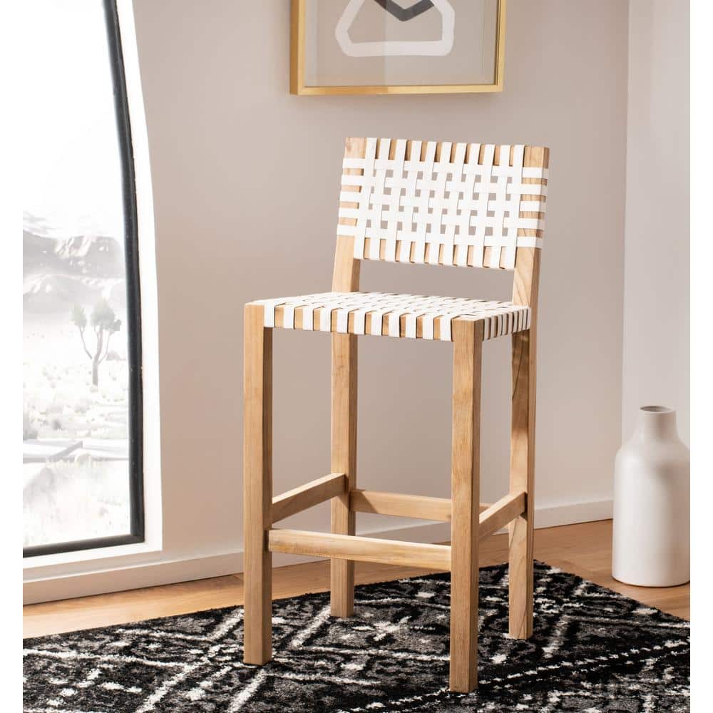 Natural Teak and White Leather Counter Stool
