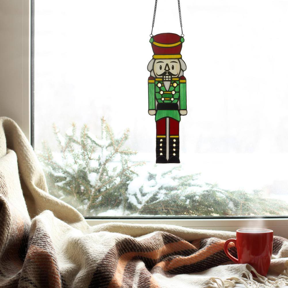 14" Red and Green Stained Glass Nutcracker Window Panel