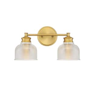 16 in. W x 9.25 in. H 2-Light Natural Brass Bathroom Vanity Light with Clear Glass Shades