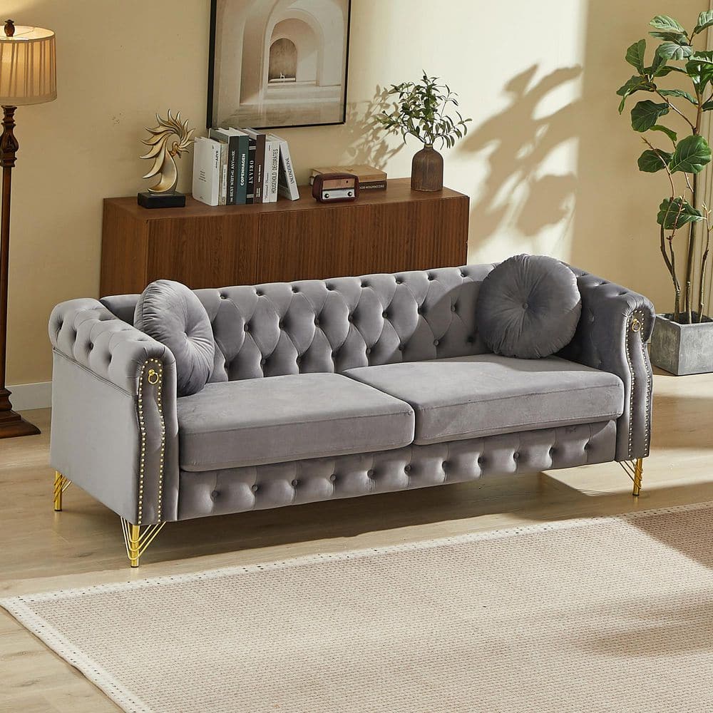 Lornell French 82 in. Rolled Arm Velvet Button Tufted Upholstered Rectangle 3-Seater Sofa in Grey with Pillows price history on PriceWatchPro