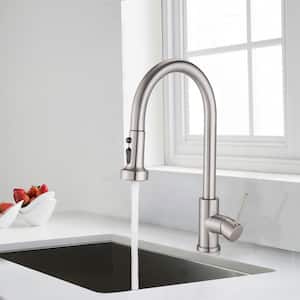 Single Handle Deck Mount Gooseneck Pull Down Sprayer Kitchen Faucet with Deckplate Included in Brushed Nickel