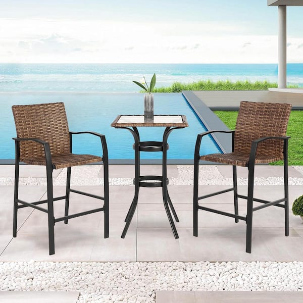 Tenleaf 3-Piece Metal and Wicker Outdoor Bistro Set, Indoor Outdoor Table and Chair Set Conversation Set with Glass Table Top
