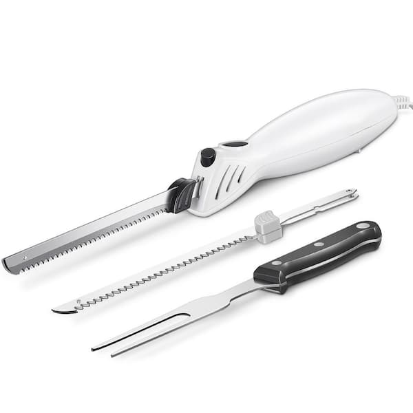 Electric Carving Knife Set with Stainless Steel Blades, Fork Included in White for Carving Meats, Poultry, Bread