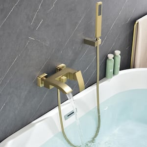 Single-Handle Wall Mount Roman Tub Faucet with Hand Shower in Brushed Gold
