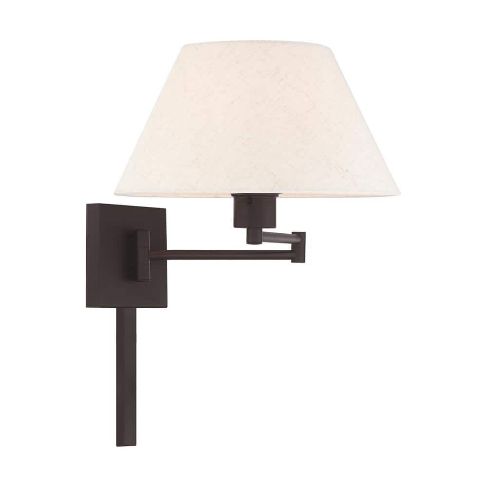 Bronze Finish Swing Arm Wall Lamp with Oatmeal Fabric Shade