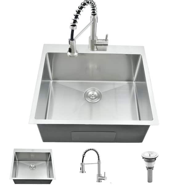22 in. D x 25 in. W Drop in Utility Sink in Brushed Nickel with Faucet, 16 Gauge Stainless Steel Laundry Sink