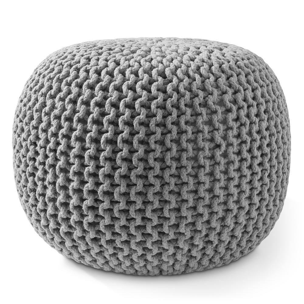 Light Gray Hand-Knitted Cotton Round Pouf Ottoman