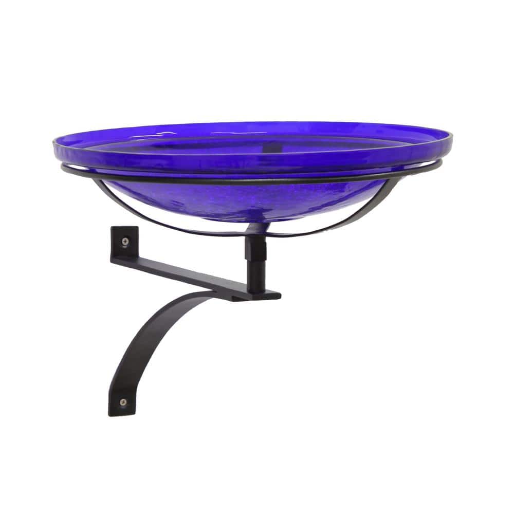 Cobalt Blue Crackle Glass Birdbath with Wrought Iron Wall Bracket